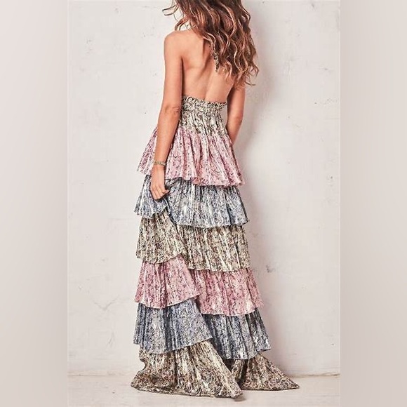 LOVESHACKFANCY Clarissa tiered metallic halter gown - Picture 6 of 10